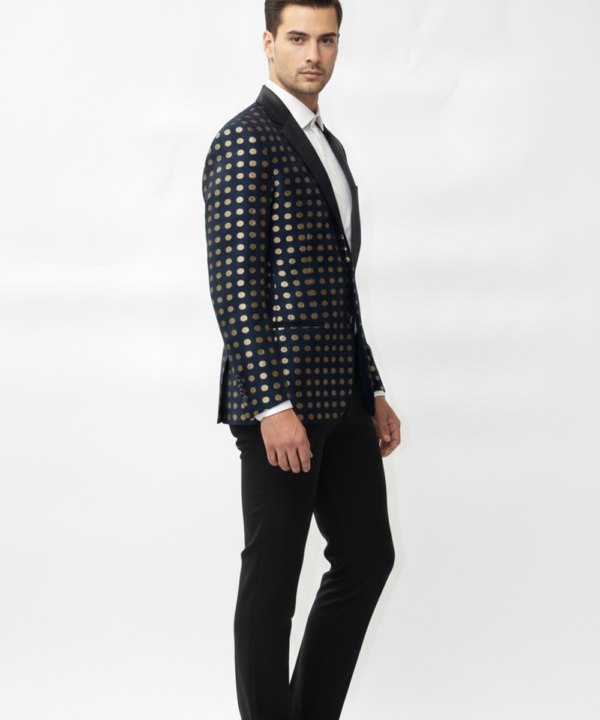 Men?s Luxury Polka Jacquard Tuxedo Blazer ? Black & Gold Evening Jacket