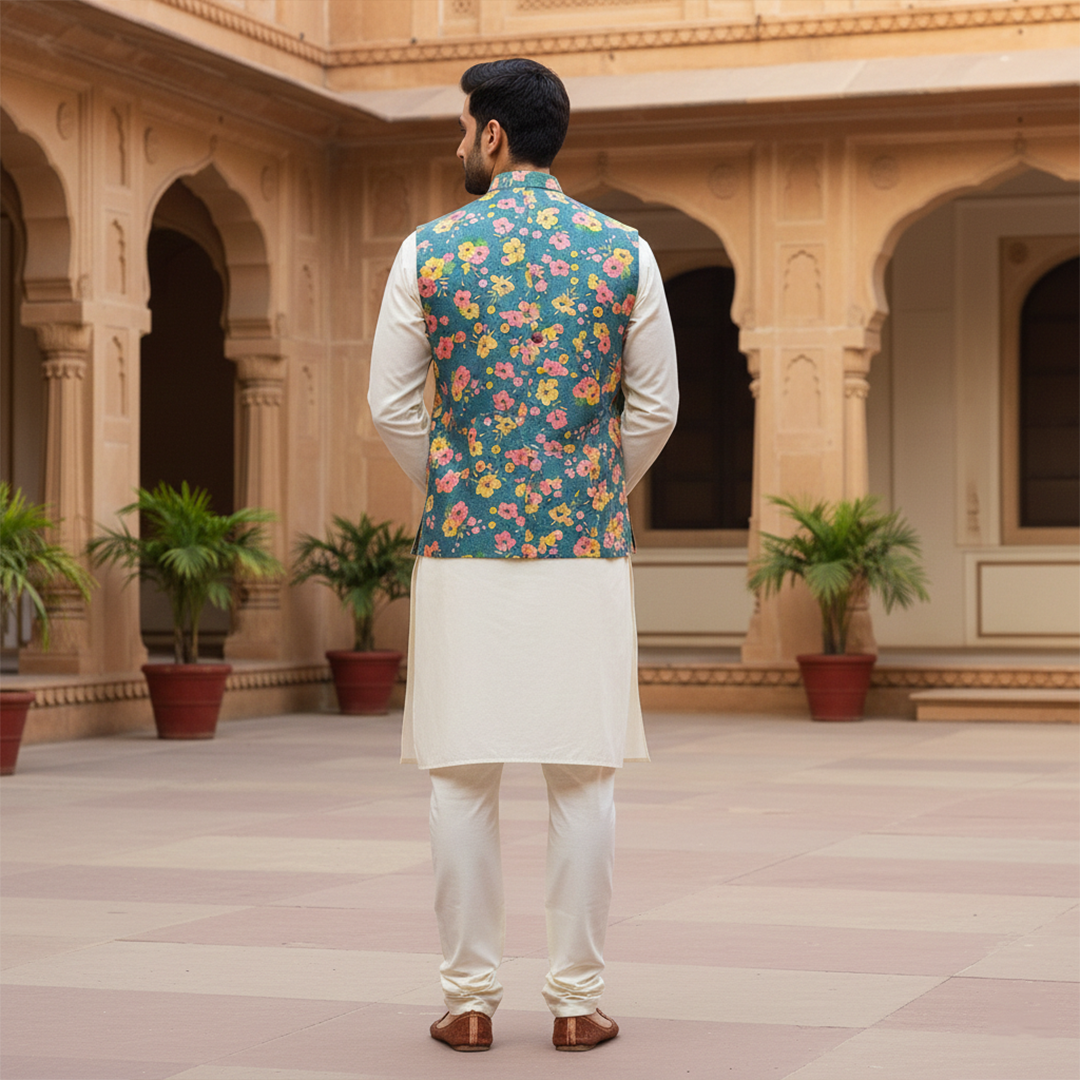 Men?s Teal Floral Printed Nehru Jacket with Ivory Kurta Pajama ? Festive & Wedding Wear - Image 4
