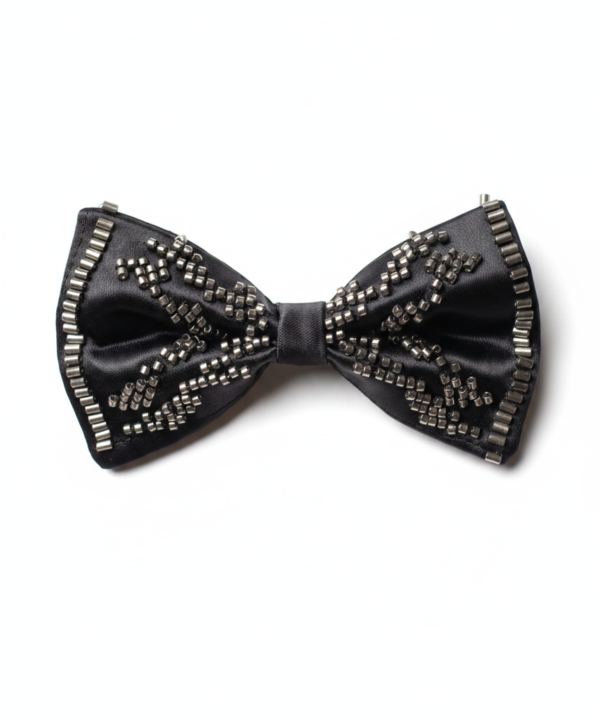 Elegant Black Beaded Satin Bow Tie ? Classic Formal Accessory