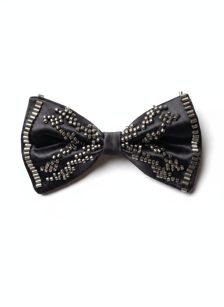 Elegant Black Beaded Satin Bow Tie ? Classic Formal Accessory