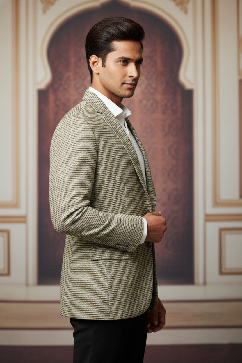 Men's Slim Fit Textured Blazer - Sage Grey Micro-Stripe Sport Coat with Notch Lapel - Image 4