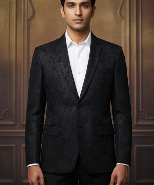 Midnight Black Blazer with Geometric Embroidered Lapels  Slim Fit Indo-Western Tuxedo