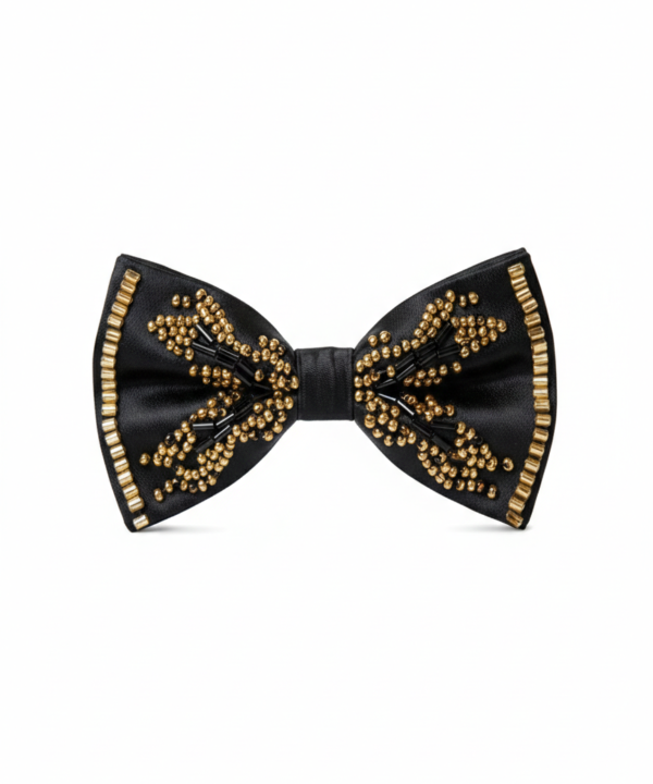 Black Satin Bow Tie with Gold Beaded Embellishments ? Luxe Formal Accessory