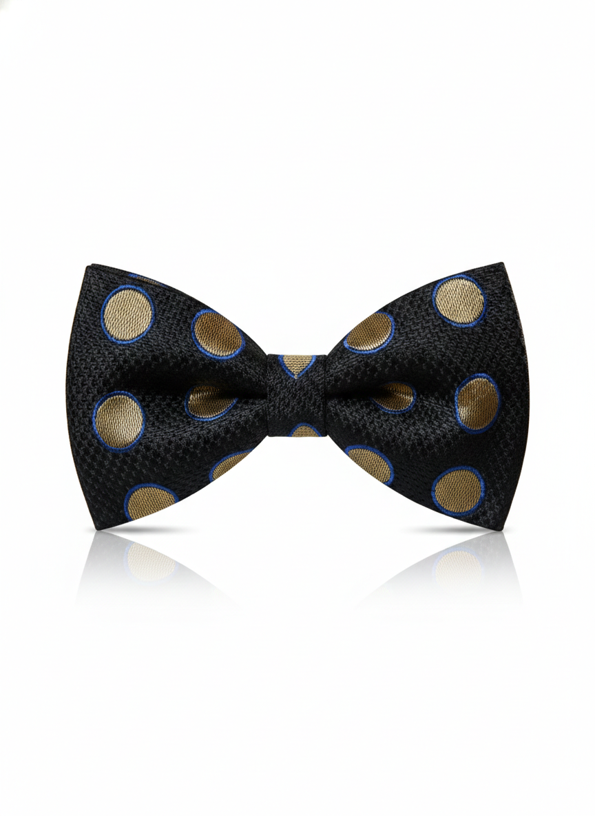 Black Bow Tie with Gold & Blue Polka Dot Design ? Stylish Formal Accessory