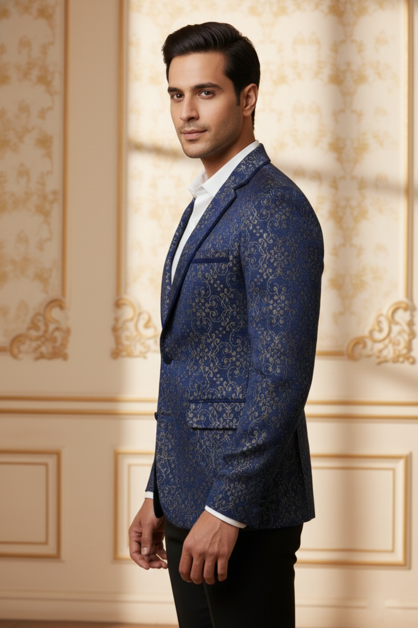 Men?s Royal Blue Jacquard Brocade Blazer ? Luxury Slim-Fit Floral Pattern Party Wear Jacket - Image 4
