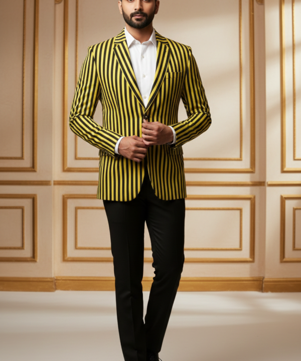 Men's Slim Fit Yellow and Black Vertical Striped Blazer ? Modern Statement Sport Coat