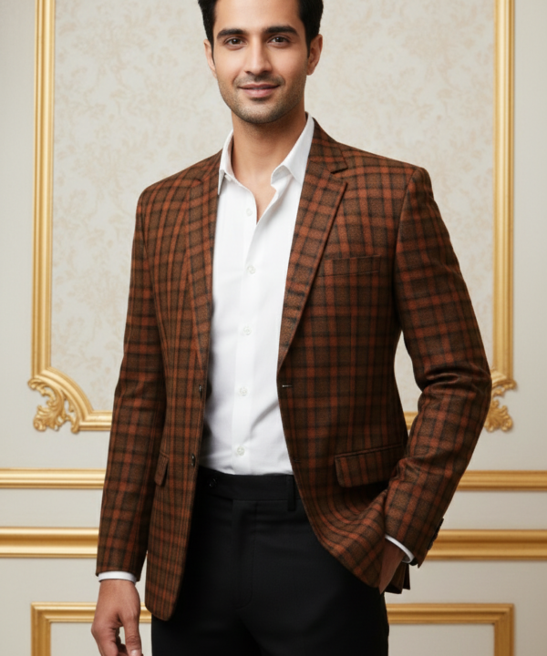 Men?s Premium Rust Orange & Black Checkered Blazer ? Slim-Fit Textured Formal Sport Coat