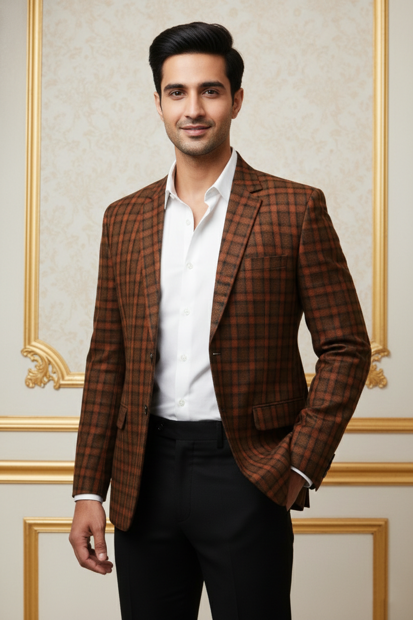 Men?s Premium Rust Orange & Black Checkered Blazer ? Slim-Fit Textured Formal Sport Coat