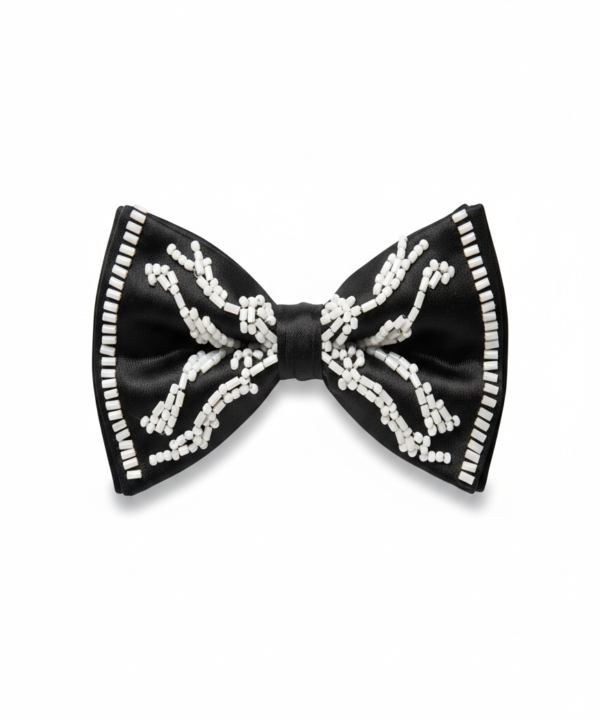 Black Satin Bow Tie with White Beaded Detailing ? Premium Formal Wear Accessory