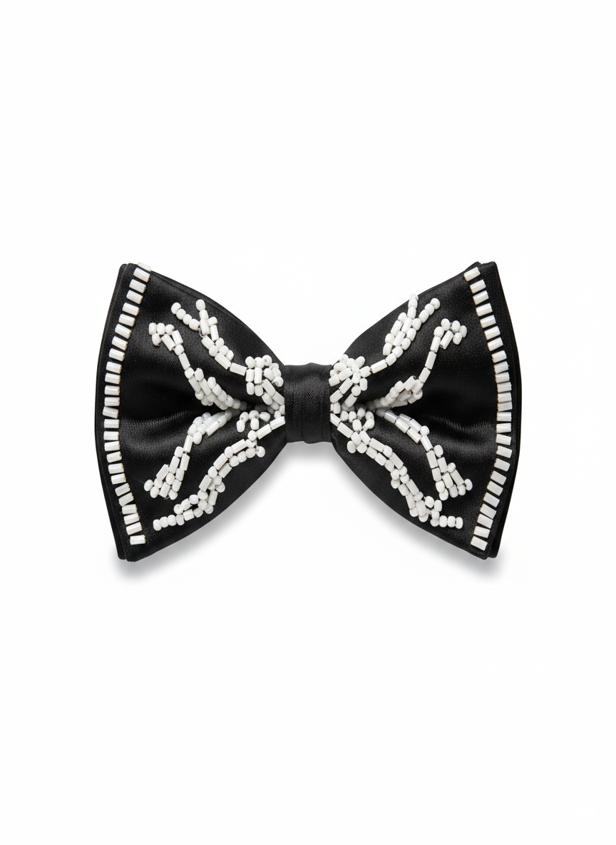 Black Satin Bow Tie with White Beaded Detailing ? Premium Formal Wear Accessory