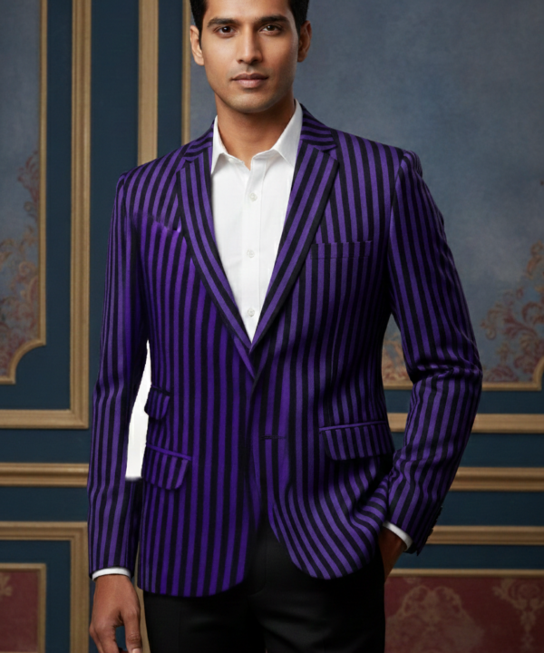 Men?s Royal Purple and Black Vertical Striped Slim-Fit Blazer ? Designer Party & Evening Wear Jacket