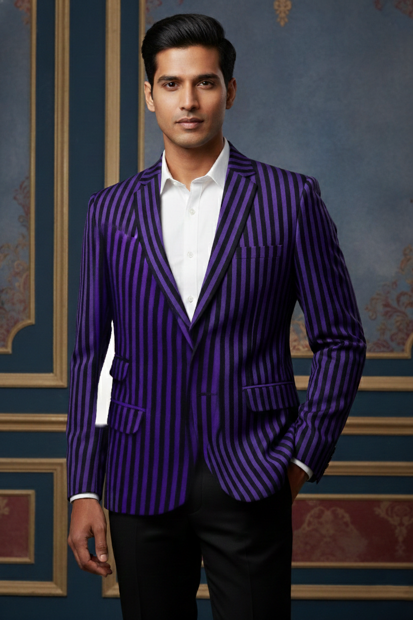 Men?s Royal Purple and Black Vertical Striped Slim-Fit Blazer ? Designer Party & Evening Wear Jacket