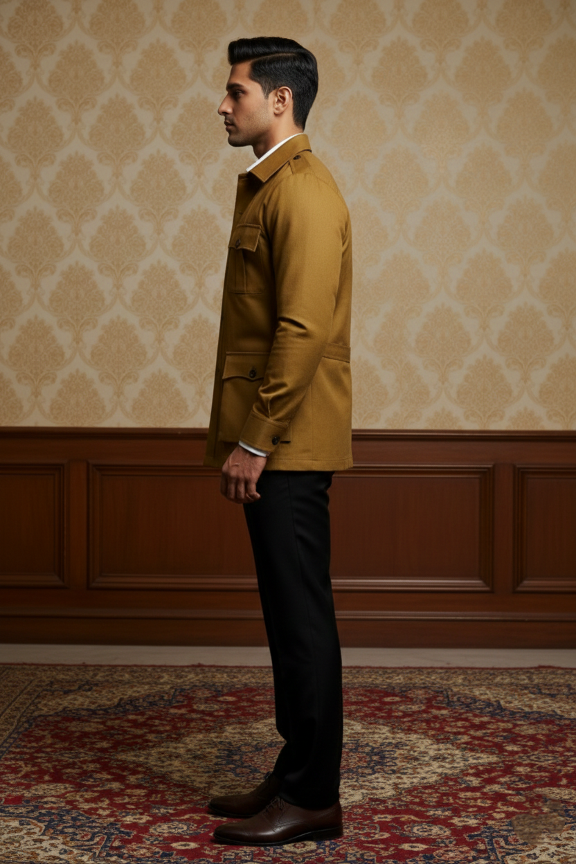 Men?s Premium Mustard Yellow Safari Jacket ? Slim-Fit Cotton-Blend Utility Blazer with Cargo Pockets - Image 3