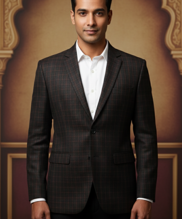 Men's Slim Fit Windowpane Check Blazer - Charcoal Grey & Rust Plaid Sport Coat - Formal Jacket for Weddings and Business