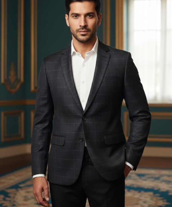 Men's Slim Fit Windowpane Check Blazer - Charcoal Graphite Grey Plaid Sport Coat - Formal Jacket for Weddings, Business, and Evening Wear
