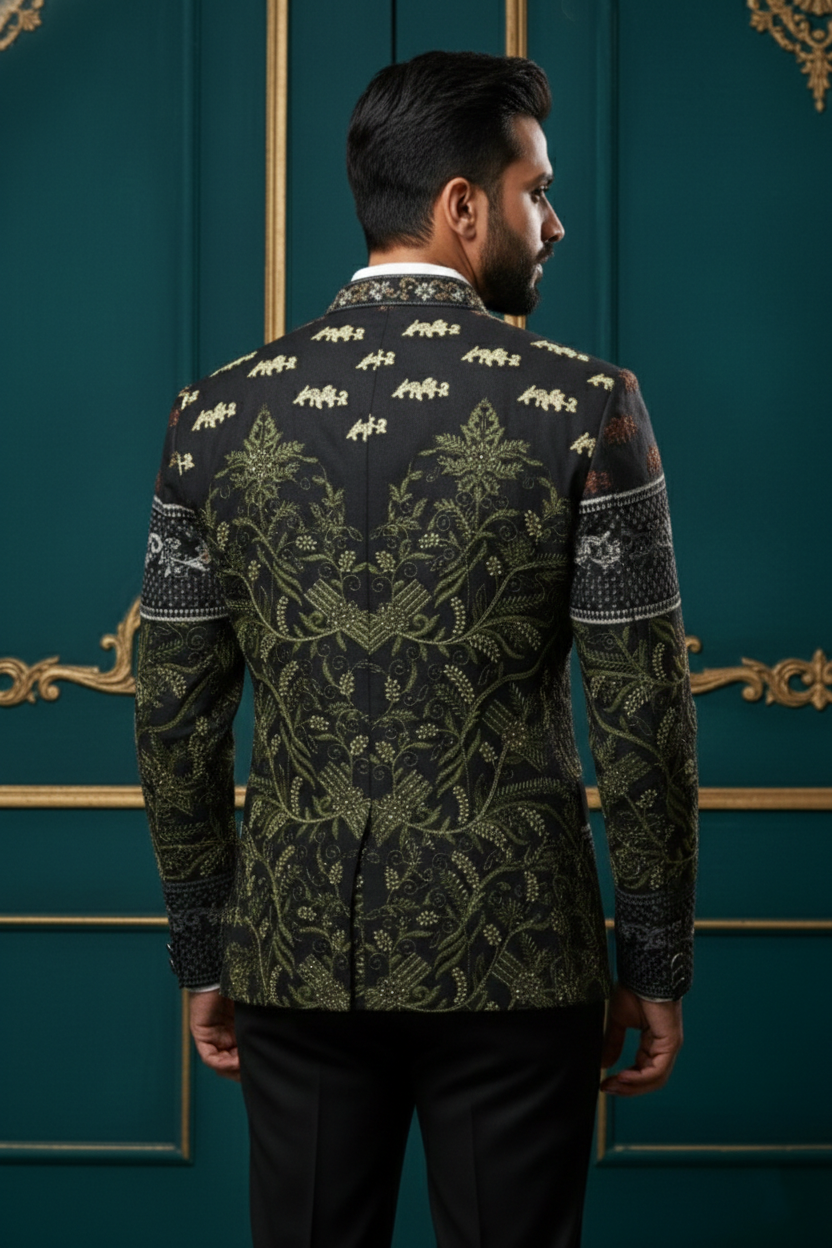 Designer Black Embroidered Bandhgala Blazer ? Floral & Wildlife Motif Men's Ethnic Jacket - Image 3