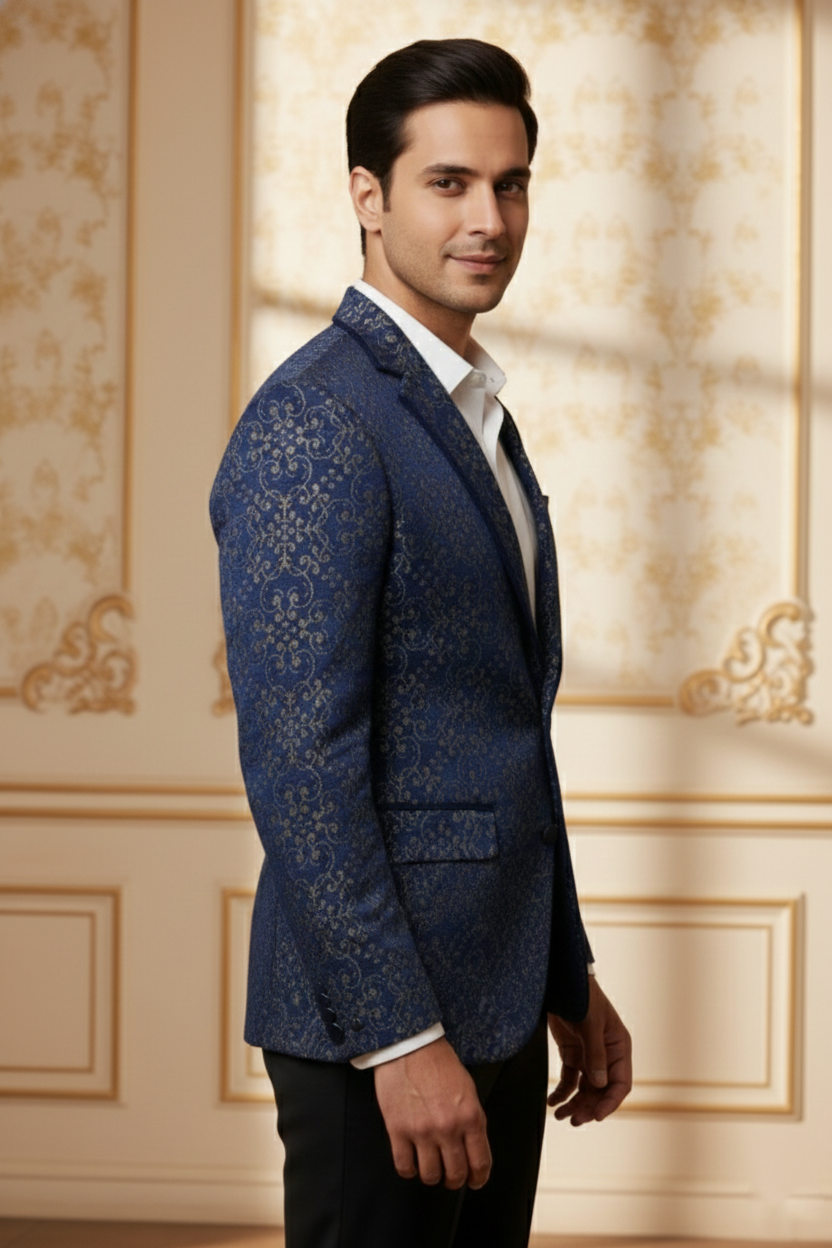 Men?s Royal Blue Jacquard Brocade Blazer ? Luxury Slim-Fit Floral Pattern Party Wear Jacket - Image 3