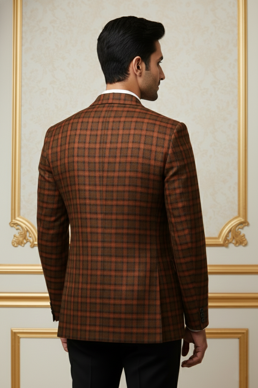 Men?s Premium Rust Orange & Black Checkered Blazer ? Slim-Fit Textured Formal Sport Coat - Image 2