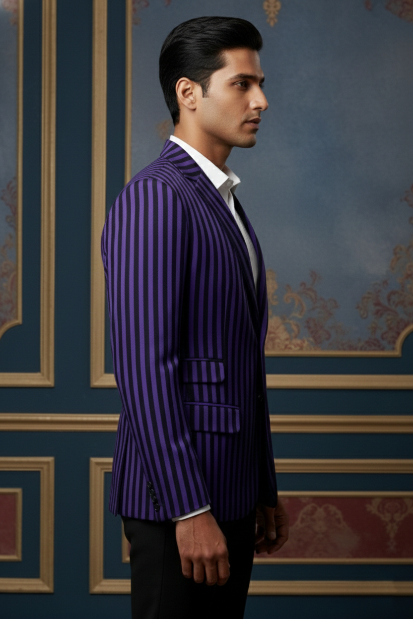 Men?s Royal Purple and Black Vertical Striped Slim-Fit Blazer ? Designer Party & Evening Wear Jacket - Image 3