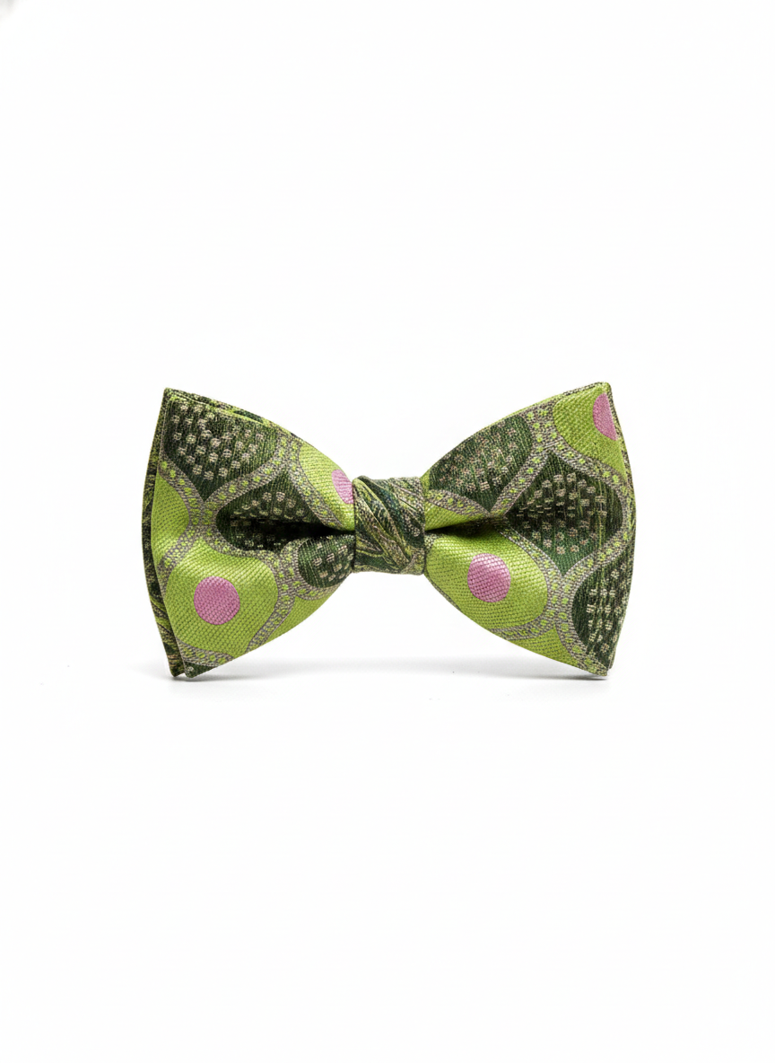 Green & Pink Geometric Jacquard Bow Tie ? Bold Patterned Formal Wear