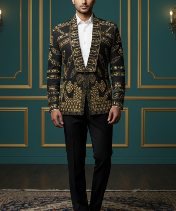 Men's Luxury Embroidered Blazer - Black and Gold Ethnic Party Wear Jacket - Designer Wedding Bandhgala for Groom & Groomsmen