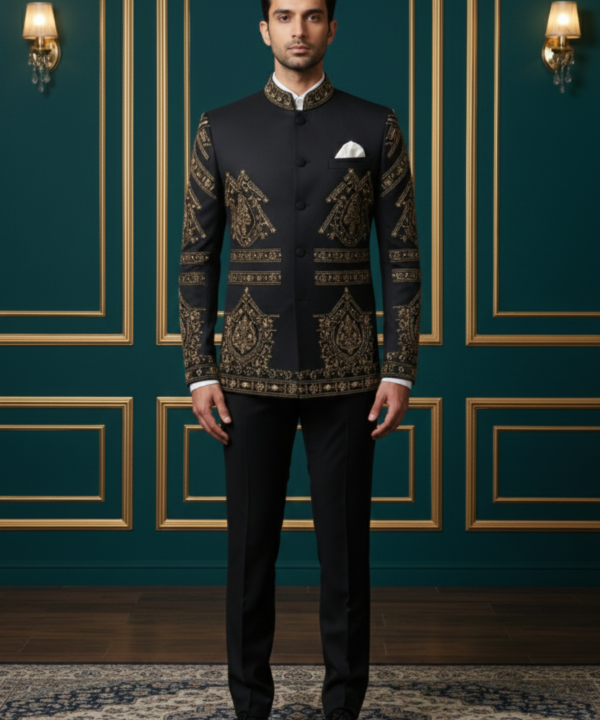 Royal Black Embroidered Jodhpuri Bandhgala Suit ? Premium Ethnic Wedding Wear for Men