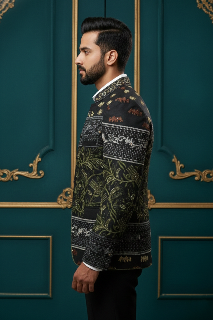 Designer Black Embroidered Bandhgala Blazer ? Floral & Wildlife Motif Men's Ethnic Jacket - Image 2