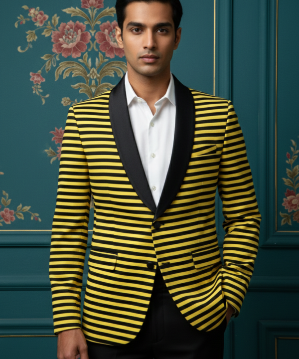 Men?s Slim-Fit Horizontal Striped Blazer with Shawl Lapel ? Bold Yellow and Black Statement Jacket
