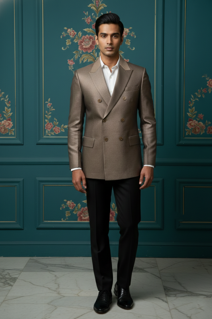 Men?s Premium Bronze Metallic Double-Breasted Blazer ? Luxury Slim-Fit Formal Tuxedo Jacket