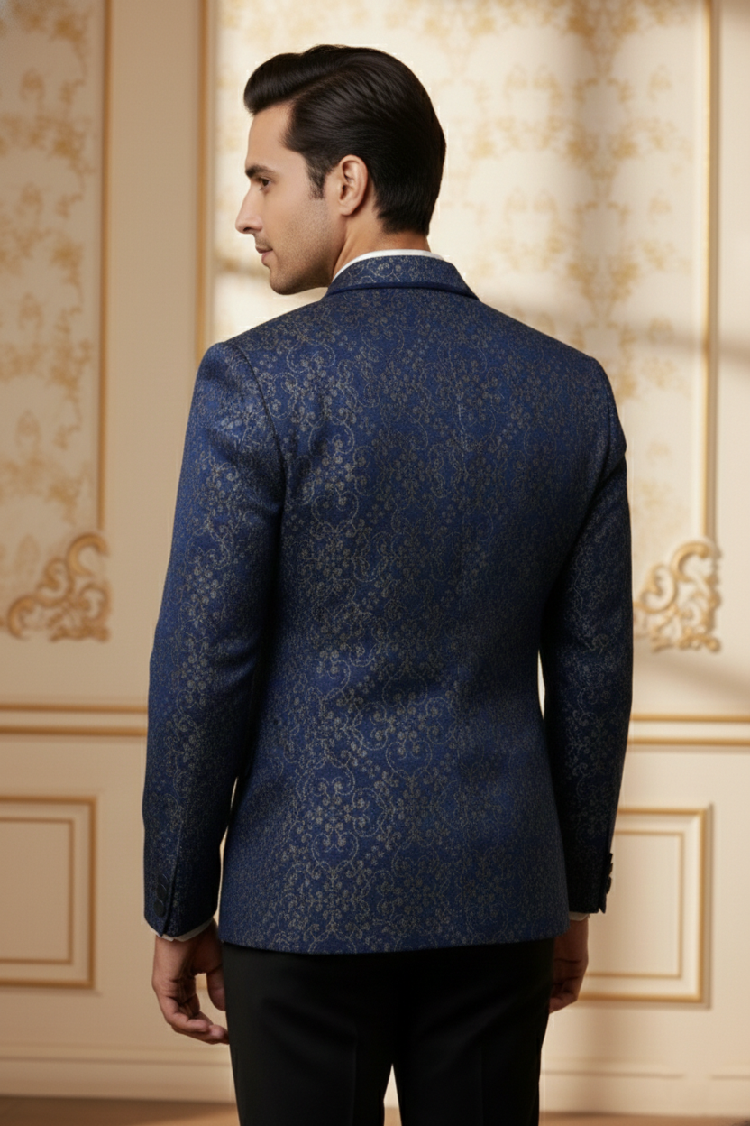 Men?s Royal Blue Jacquard Brocade Blazer ? Luxury Slim-Fit Floral Pattern Party Wear Jacket - Image 2