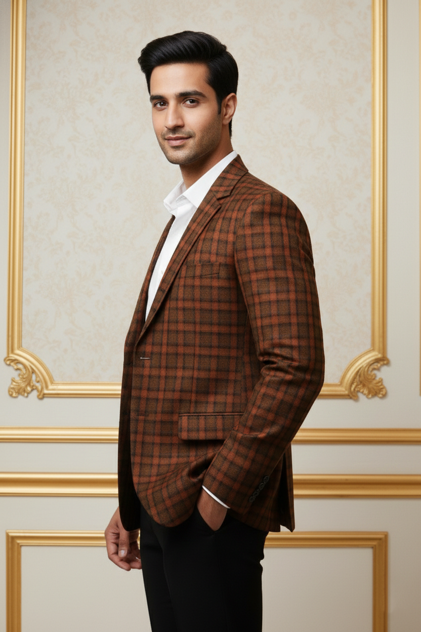 Men?s Premium Rust Orange & Black Checkered Blazer ? Slim-Fit Textured Formal Sport Coat - Image 4
