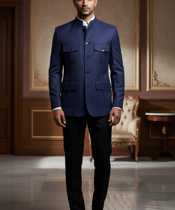 Men?s Premium Navy Blue Bandhgala Safari Jacket ? Slim-Fit Ethnic Jodhpuri Blazer with Cargo Pockets