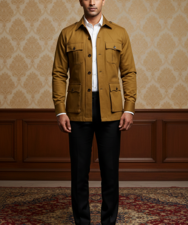 Men?s Premium Mustard Yellow Safari Jacket ? Slim-Fit Cotton-Blend Utility Blazer with Cargo Pockets