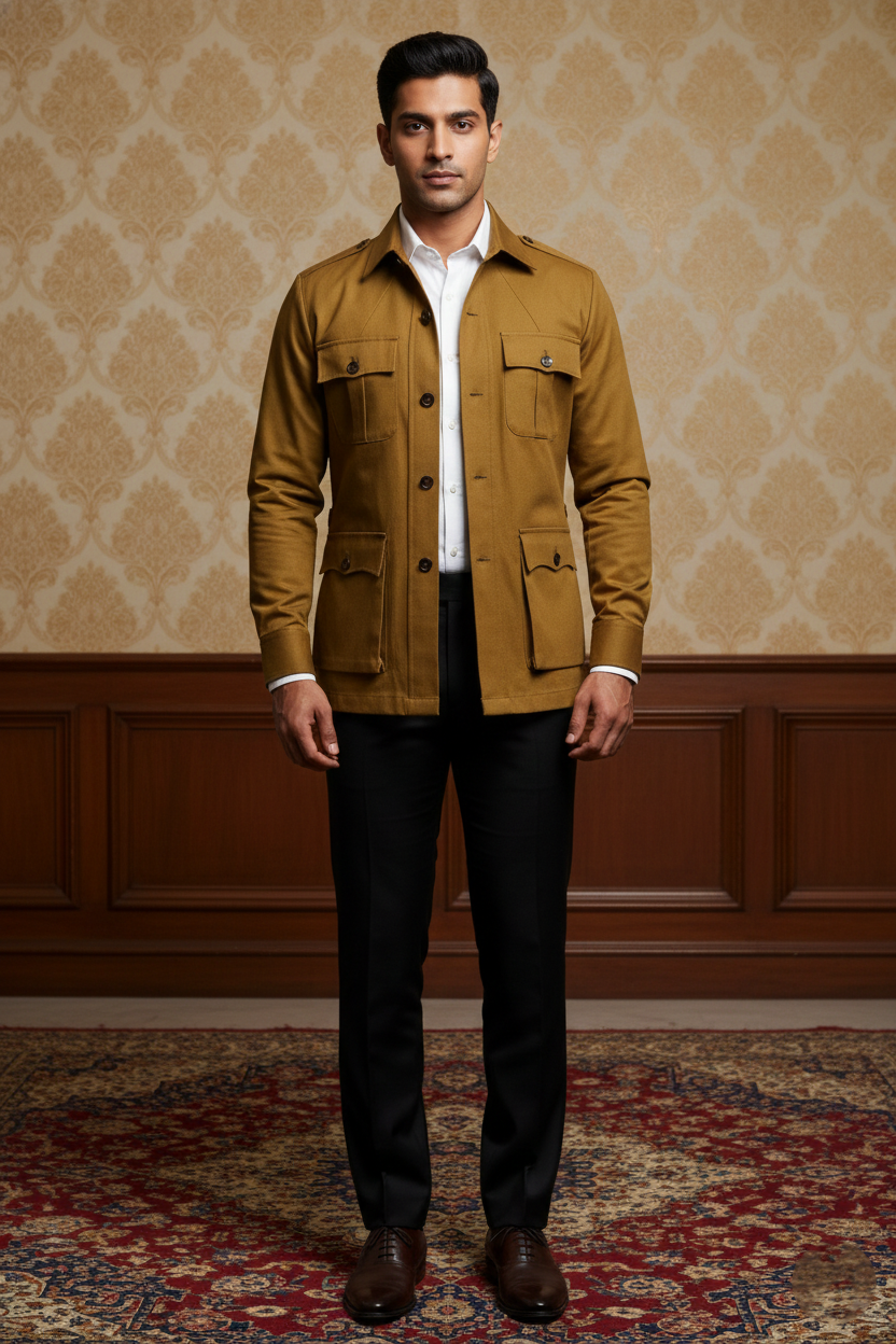 Men?s Premium Mustard Yellow Safari Jacket ? Slim-Fit Cotton-Blend Utility Blazer with Cargo Pockets