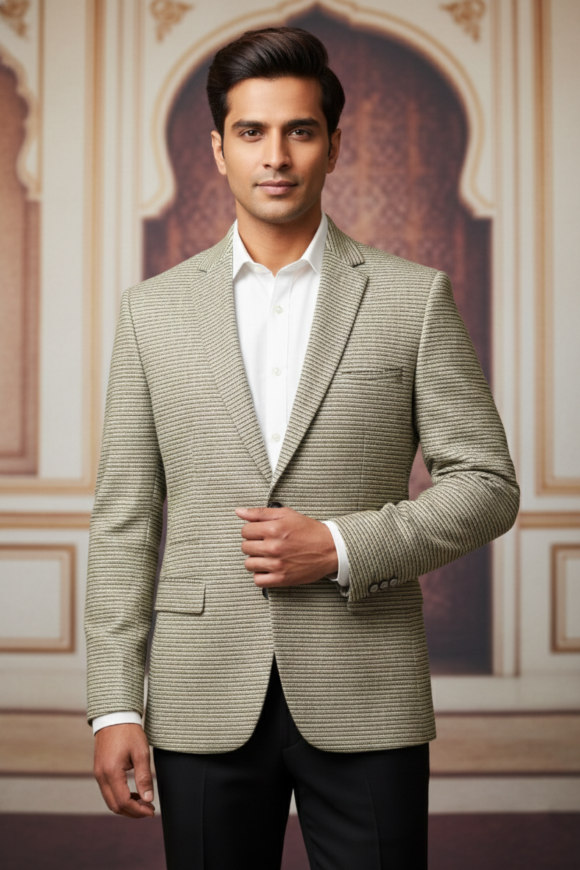 Men's Slim Fit Textured Blazer - Sage Grey Micro-Stripe Sport Coat with Notch Lapel