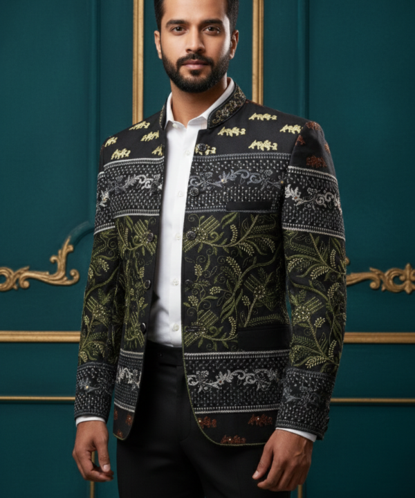 Designer Black Embroidered Bandhgala Blazer ? Floral & Wildlife Motif Men's Ethnic Jacket