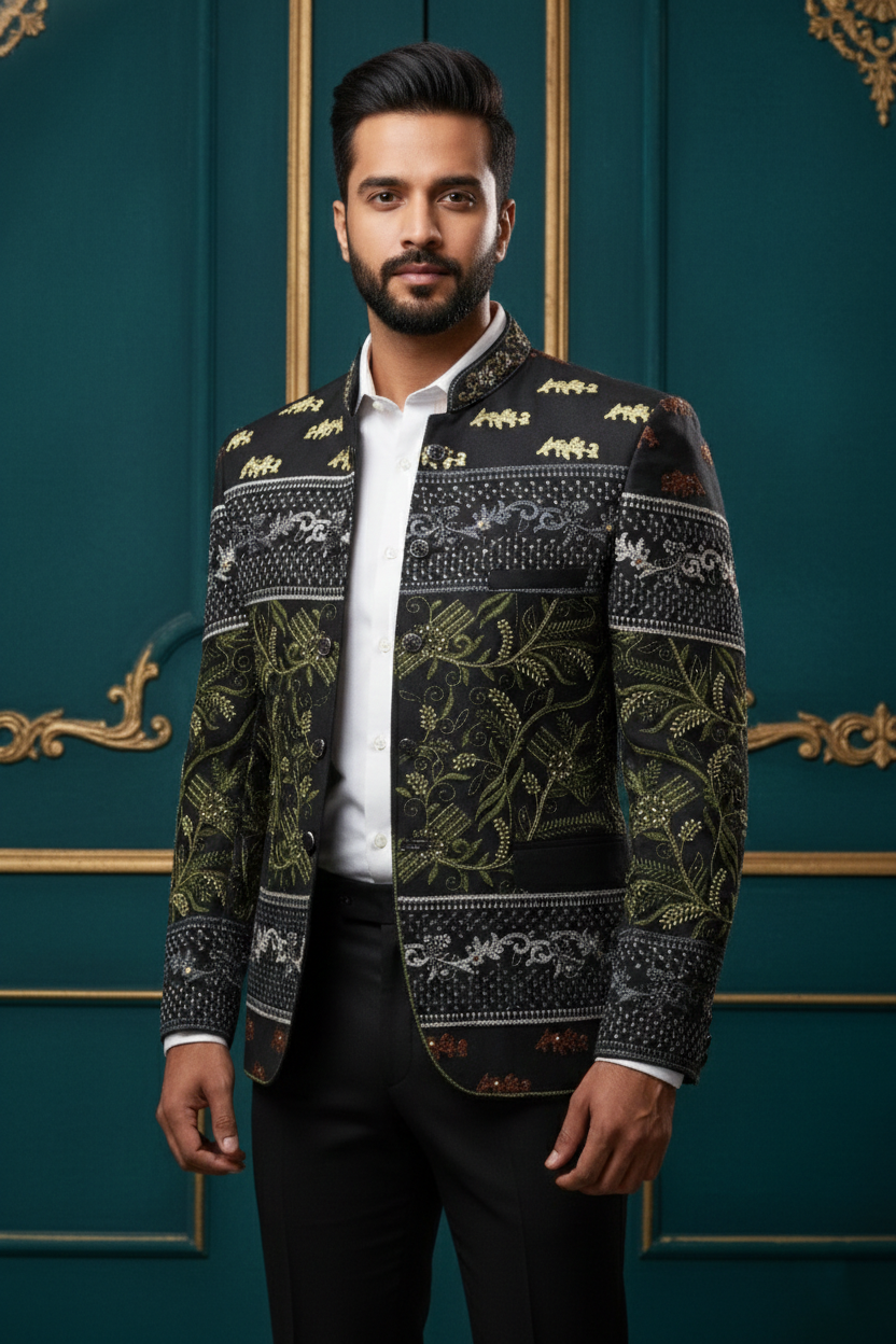 Designer Black Embroidered Bandhgala Blazer ? Floral & Wildlife Motif Men's Ethnic Jacket
