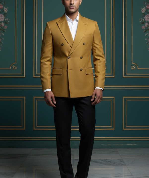 Men?s Premium Mustard Yellow Double-Breasted Blazer ? Luxury Slim-Fit Formal Peak Lapel Jacket