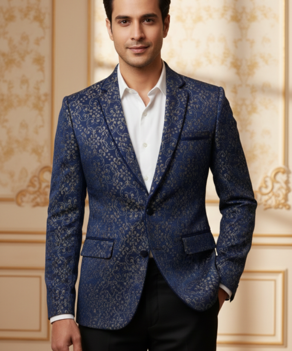 Men?s Royal Blue Jacquard Brocade Blazer ? Luxury Slim-Fit Floral Pattern Party Wear Jacket