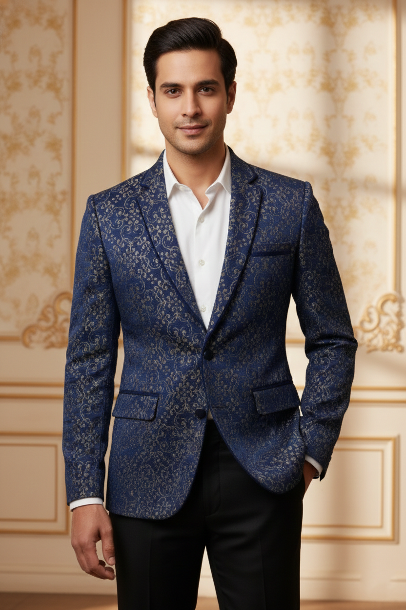Men?s Royal Blue Jacquard Brocade Blazer ? Luxury Slim-Fit Floral Pattern Party Wear Jacket