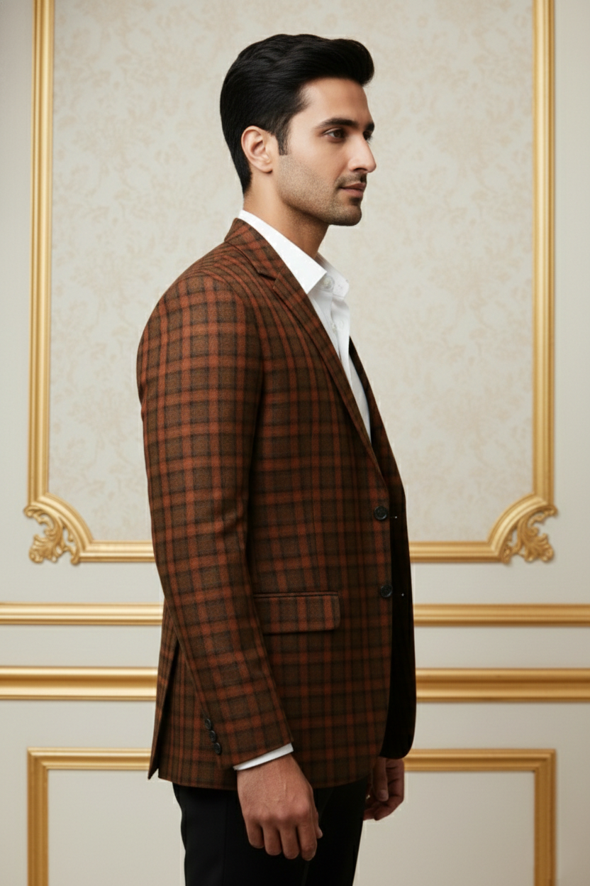 Men?s Premium Rust Orange & Black Checkered Blazer ? Slim-Fit Textured Formal Sport Coat - Image 3