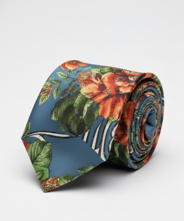 Designer Floral Printed Silk Tie for Men ? Blue Statement Necktie
