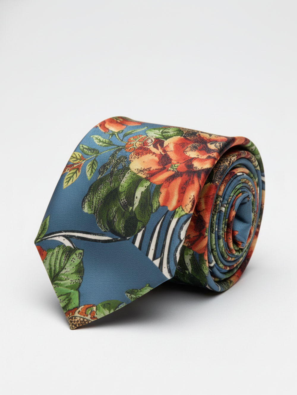 Designer Floral Printed Silk Tie for Men ? Blue Statement Necktie