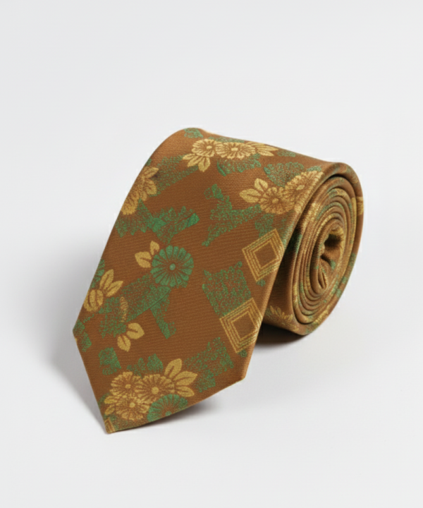 Brown Art Silk Tie with Golden Floral Work