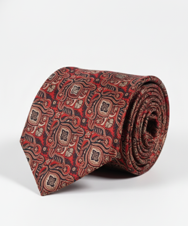 Red Art Silk Tie with Black & Golden Work ? Premium Elegant Design