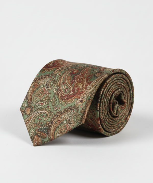 Elegant Green Silk Necktie with Golden & Red Detailing