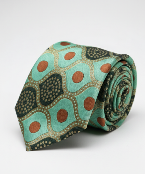 Designer Green Necktie with Geometric Pattern & Contrast Detailing