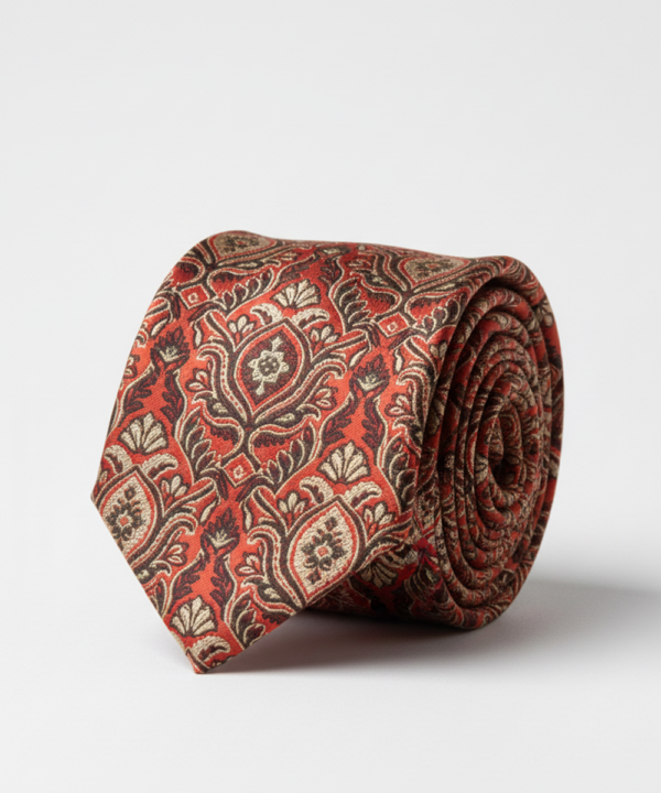 Luxury Red Silk Necktie with Black & Golden Woven Work
