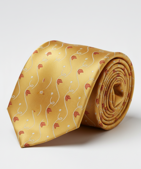 Luxury Golden Silk Tie with Red & White Print ? Designer Formal Necktie