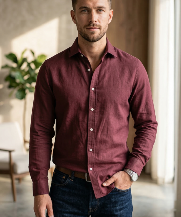 Men’s Burgundy Linen-Blend – The Elevated Casual Statement Shirt